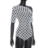 Polka Dots Print Slash Neck Mesh Bodysuit MXBF-J26BS139