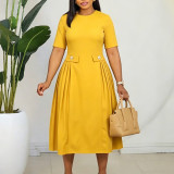 Plus Size Solid Color Short Sleeve Midi Dress GCZF-8661