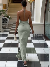 Halterneck Deep V Neck Backless Maxi Dress GWSD-D1995197