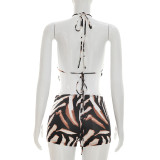 Print Halterneck Backless Two Piece Shorts Set MXBF-J26ST166