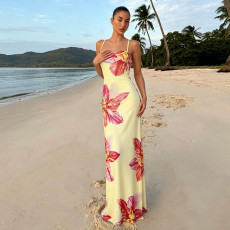 Print Contrast Color Backless Sling Maxi Dress GPKJ-MR48657