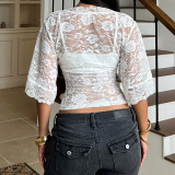 Lace Patchwork V Neck T Shirt GPKJ-MR48607