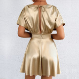 V Neck Solid Color Mini Dress YMYF-9573