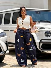 Plus Size Cartoon Embroidered Wide Leg Jeans GYLN-5766