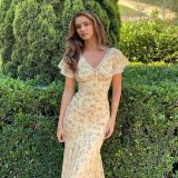 Lace Patchwork V Neck Print Maxi Dress GPKJ-MR48517