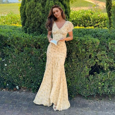 Lace Patchwork V Neck Print Maxi Dress GPKJ-MR48517