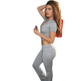 Letter Print Short Sleeve Sport Two Piece Pants Set FOSF-8830