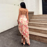 Floral Print  Backless Tie Up Irregular Dress GPKJ-MR48689