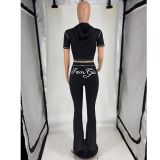 Letter Print Short Sleeve Sport Two Piece Pants Set FOSF-8830