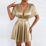 V Neck Solid Color Mini Dress YMYF-9573