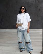 Plus Size Washed Holes Loose Jeans GYLN-3102