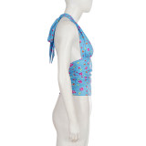 Floral Print Color-Block V-Neck Halter Top GPKJ-MR48435