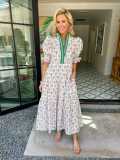 V Neck Puff Sleeve Print Maxi Dress QYXZ-9183