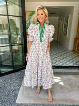 V Neck Puff Sleeve Print Maxi Dress QYXZ-9183