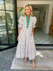 V Neck Puff Sleeve Print Maxi Dress QYXZ-9183
