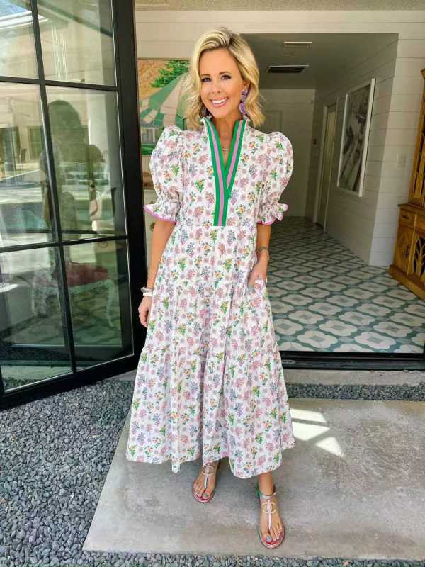 V Neck Puff Sleeve Print Maxi Dress QYXZ-9183