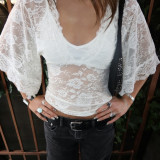 Lace Patchwork V Neck T Shirt GPKJ-MR48607