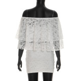 One Shoulder Lace Tops Ruched Skirt Suit MXBF-J26ST143
