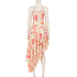 Floral Print  Backless Tie Up Irregular Dress GPKJ-MR48689