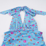 Floral Print Color-Block V-Neck Halter Top GPKJ-MR48435