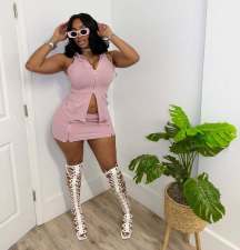 Cusual Sleeveless Hooded Two Piece Skirt Set TR-1366