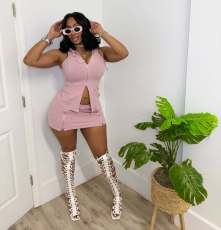 Cusual Sleeveless Hooded Two Piece Skirt Set TR-1366