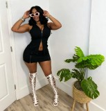 Cusual Sleeveless Hooded Two Piece Skirt Set TR-1366