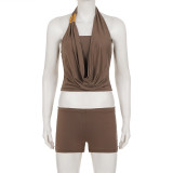 Solid Color Halterneck Top Short 2 Piece Set GPKJ-MR48703