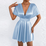 V Neck Solid Color Mini Dress YMYF-9573