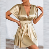 V Neck Solid Color Mini Dress YMYF-9573