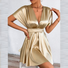 V Neck Solid Color Mini Dress YMYF-9573