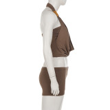 Solid Color Halterneck Top Short 2 Piece Set GPKJ-MR48703