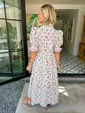 V Neck Puff Sleeve Print Maxi Dress QYXZ-9183