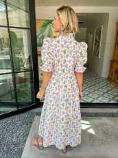 V Neck Puff Sleeve Print Maxi Dress QYXZ-9183