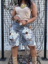Hollow Out Lace Holes Denim Shorts GYLN-3018