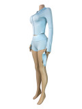 Hooded Zipper Long Sleeve Shorts 3 Piece Set(With Headband) CH-26019