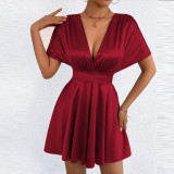 V Neck Solid Color Mini Dress YMYF-9573