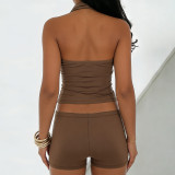 Solid Color Halterneck Top Short 2 Piece Set GPKJ-MR48703