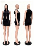 Cusual Sleeveless Hooded Two Piece Skirt Set TR-1366