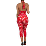 Polka Dots Print Halterneck Jumpsuit NYF-8212