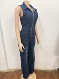 Sleeveless Zipper Lapel Denim Jumpsuit OSM-6012