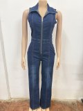 Sleeveless Zipper Lapel Denim Jumpsuit OSM-6012