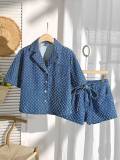 Denim Long Sleeve Two Piece Shorts Set YMEF-59085