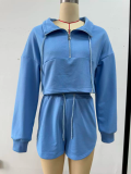 Solid Color Zipper Sport Short 2 Piece Set YMZY-0510