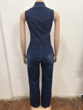 Sleeveless Zipper Lapel Denim Jumpsuit OSM-6012
