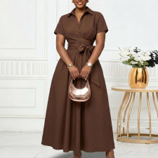 Plus Size Lapel Short Sleeve Tie Up Midi Dress GCZF-8662