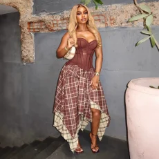 Retro Plaid Print Irregular Long Skirt 2 Piece Set GCNE-75207