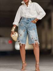 Casual Print Holes Denim Fifth Pants OD-8780