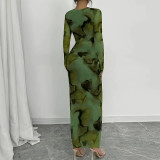 Tie Dye Print Long Sleeve Maxi Dress GYHF-60254
