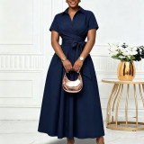 Plus Size Lapel Short Sleeve Tie Up Midi Dress GCZF-8662